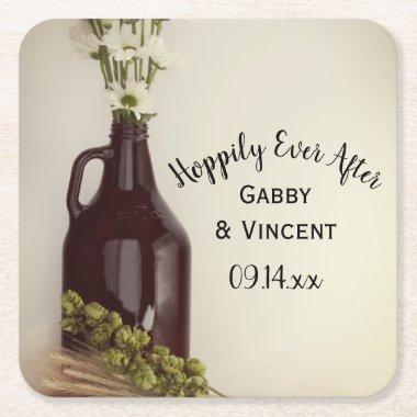 Growler, Hops and Daisies Brewery Wedding Square Paper Coaster