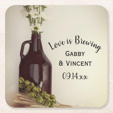 Growler, Hops and Daisies Brewery Wedding Square Paper Coaster