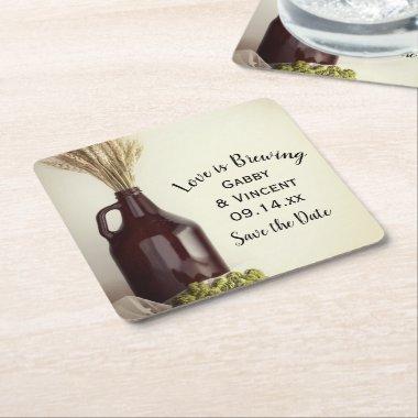 Growler Hops Wheat Brewery Wedding Save the Date Square Paper Coaster