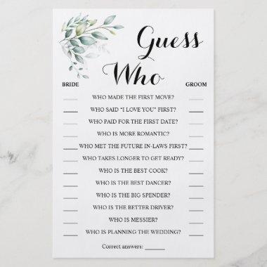 Guess Who Greenery Eucalyptus Shower Game Invitations Flyer