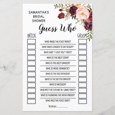 Guess Who Marsala Flowers Bridal Shower Game