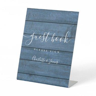 Guest Book Blue Rustic Wood Signature Script Pedestal Sign