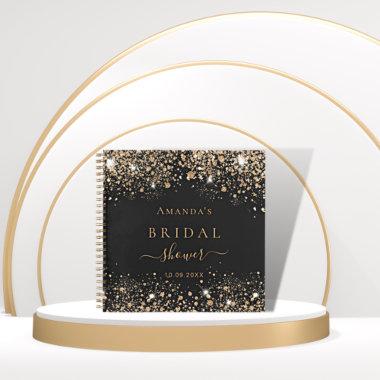 Guest book bridal shower black gold glitter name