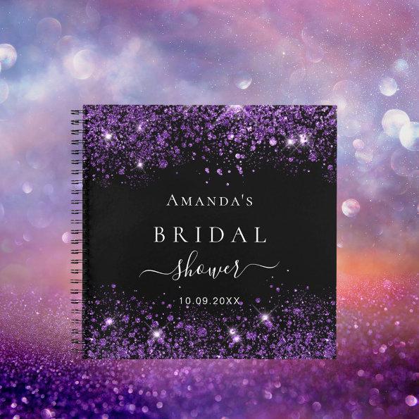 Guest book bridal shower black purple glitter name