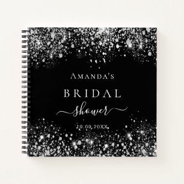Guest book bridal shower black silver glitter name