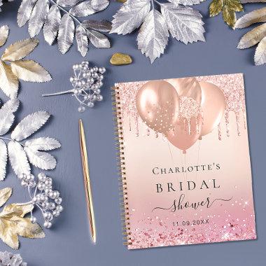 Guest book bridal shower pink rose gold balloons