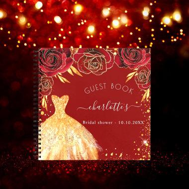 Guest book bridal shower red gold glitter dress