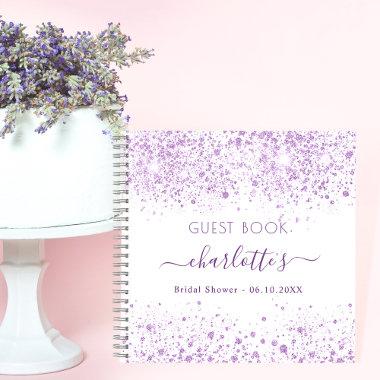 Guest book bridal shower violet white glitter