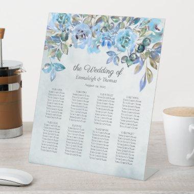 Guests Seating Chart In Love Blue Florals Pedestal Sign