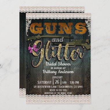 GUNS AND GLITTER Wood Lace Rustic Bridal Shower Invitations