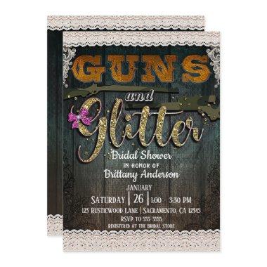 GUNS AND GLITTER Wood Lace Rustic Bridal Shower Invitations