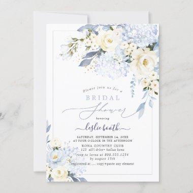 H2 Blue Hydrangea Cream Roses Bridal Shower Invitations