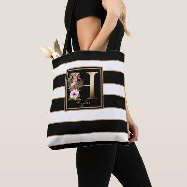 H Gold Floral Monogram | Black White Gold Stripes Tote Bag