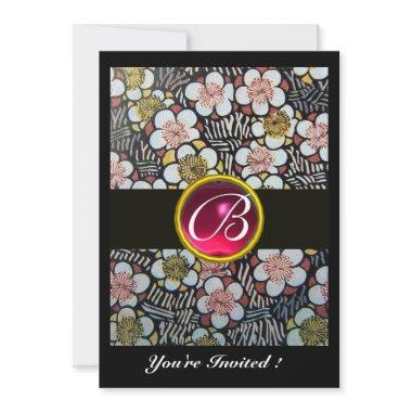 HAIKU/SPRING FLOWERS, PINK FUCHSIA RUBY MONOGRAM Invitations