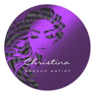 Hair Stylist Makeup Artist Glitter Eyelash Purple Classic Round Sticker