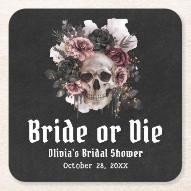 Halloween Floral Skull Bride or Die  Square Paper Coaster