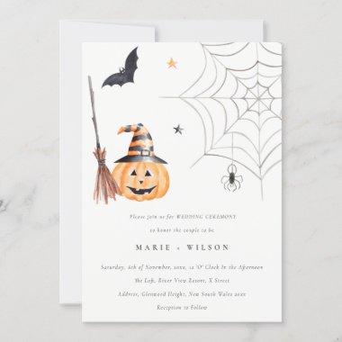 Halloween Pumpkin Spiderweb Spooky Bat Wedding Thank You Invitations