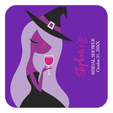 Halloween Witch Wine Bridal Shower Purple Pink Square Sticker
