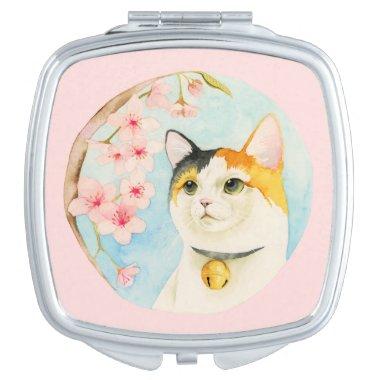 Hanami | Calico Cat and Cherry Blossom Watercolor Compact Mirror