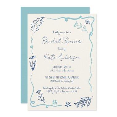 Hand Drawn Blue Floral Wavy Frame