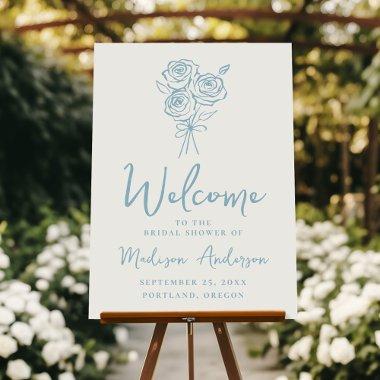 Hand-Drawn Blue Rose Bouquet Bridal Shower Welcome Foam Board