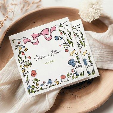 Hand Drawn Floral Bow Wedding Napkins