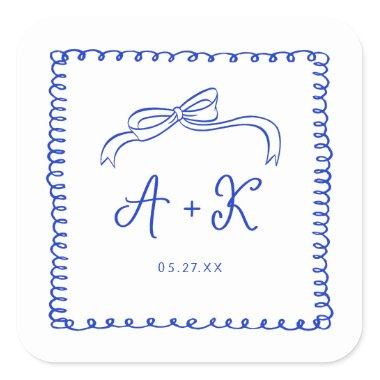 Hand Drawn French Blue Wedding Monogram Square Sticker
