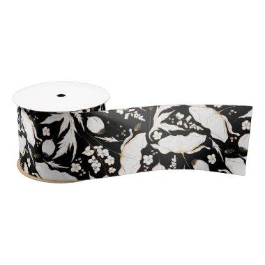 Hand-drawn Gold Wildflowers Elegant Black Satin Ribbon