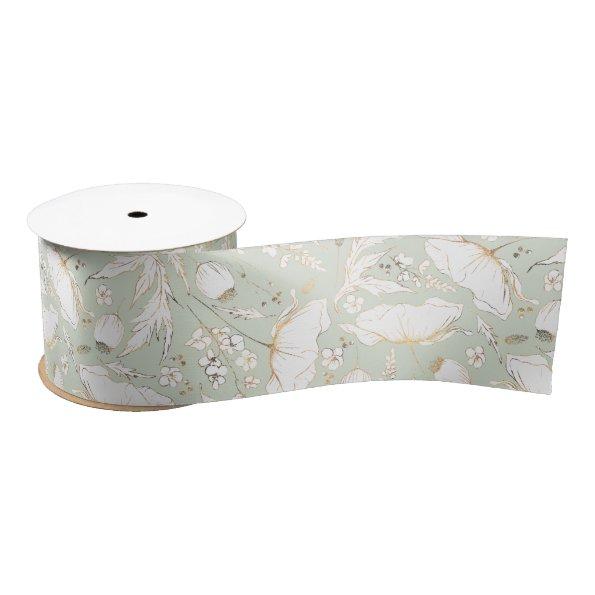 Hand-drawn Gold Wildflowers Elegant Sage Green Satin Ribbon