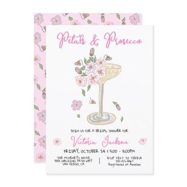 Hand Drawn Petals and Presecco Bridal Shower Invitations