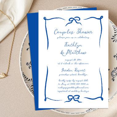 Hand Drawn Ribbon French Blue Couples Shower Invitations