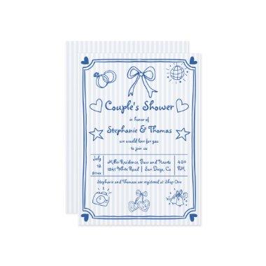 Hand drawn scribble blue stripes couple's shower