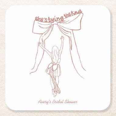 Hand Drawn Whimsical Coquette Bow Bridal Shower Square Paper Coaster