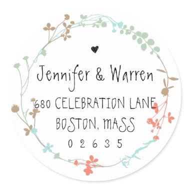 Hand Drawn Wildflower Wreath Return Address Classic Round Sticker