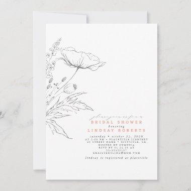 Hand-drawn Wildflowers Elegant Peach Bridal Shower Invitations