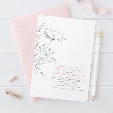 Hand-drawn Wildflowers Elegant Pink Bridal Shower Invitations