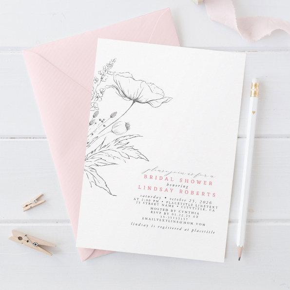 Hand-drawn Wildflowers Elegant Pink Bridal Shower Invitations