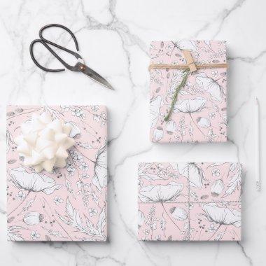 Hand-drawn Wildflowers Pencil Sketch Pattern Pink Wrapping Paper Sheets