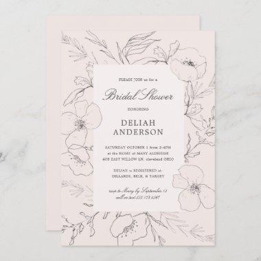 Hand Sketched Peony Blush Floral Bridal Shower Invitations