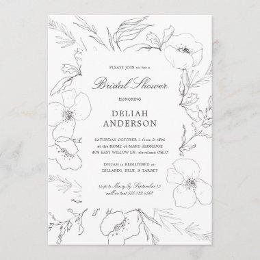 Hand Sketched Peony Floral Bridal Shower Invitations