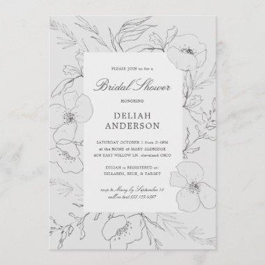Hand Sketched Peony Gray Floral Bridal Shower Invitations