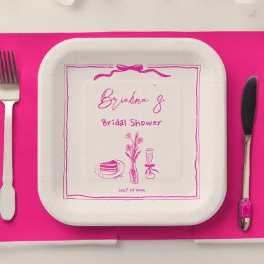 Handdrawn scribble retro pink ribbon bridal shower paper plates