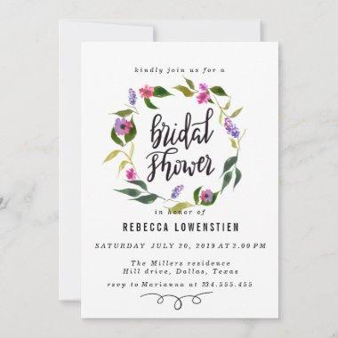 Handwritten Bridal Shower Script Floral Wreath Invitations