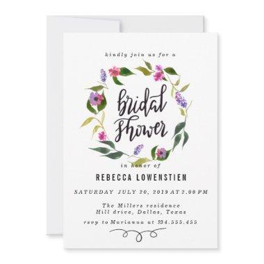 Handwritten Bridal Shower Script Floral Wreath Invitations