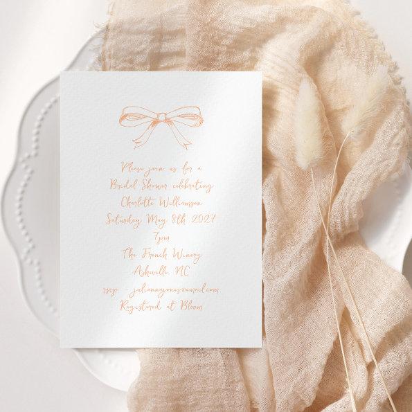Handwritten Coquette Bow Peach Bridal Shower Invitations