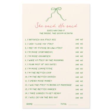 Handwritten Green Pink She said He said Game