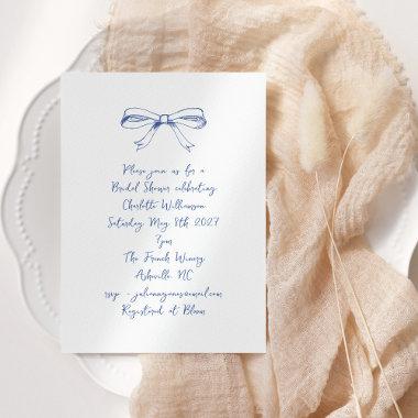 Handwritten Script Coquette Bow Blue Bridal Shower Invitations