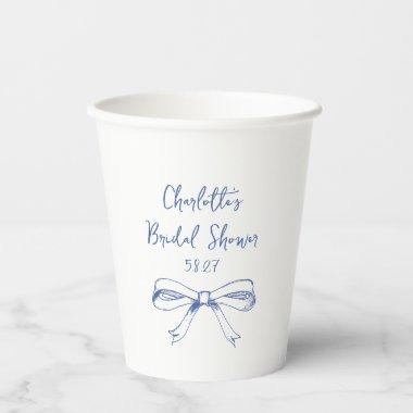 Handwritten Script Coquette Bow Blue Bridal Shower Paper Cups