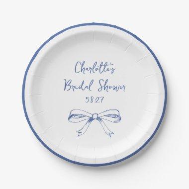 Handwritten Script Coquette Bow Blue  Paper Plates