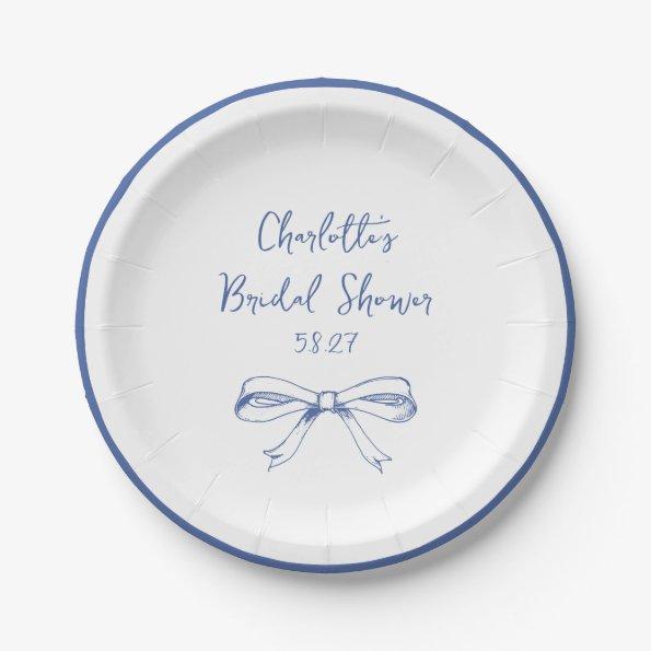 Handwritten Script Coquette Bow Blue  Paper Plates